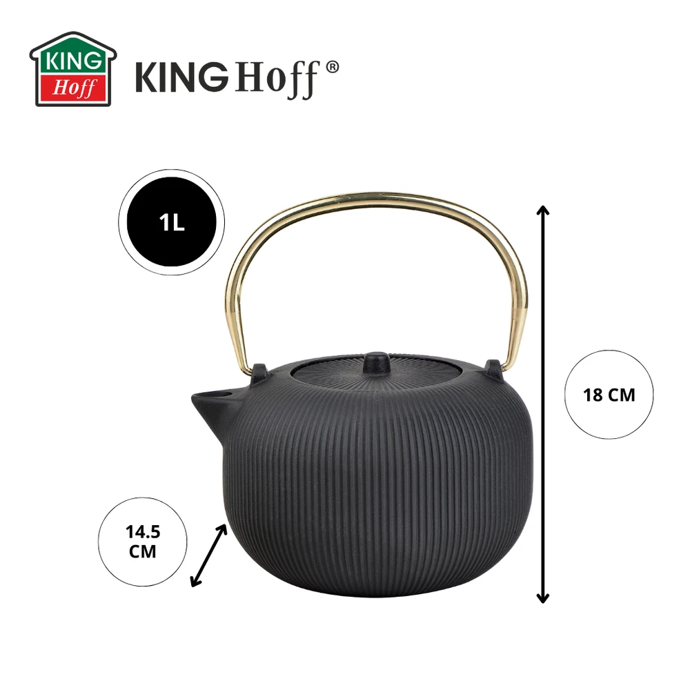 King Hoff Imbryk Ketaus arbatinukas su sieteliu, emaliuotas vidus, 1 l, juodas su auksine rankena, kinghoff, kh-1931