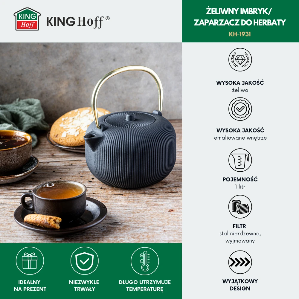 King Hoff Imbryk Ketaus arbatinukas su sieteliu, emaliuotas vidus, 1 l, juodas su auksine rankena, kinghoff, kh-1931