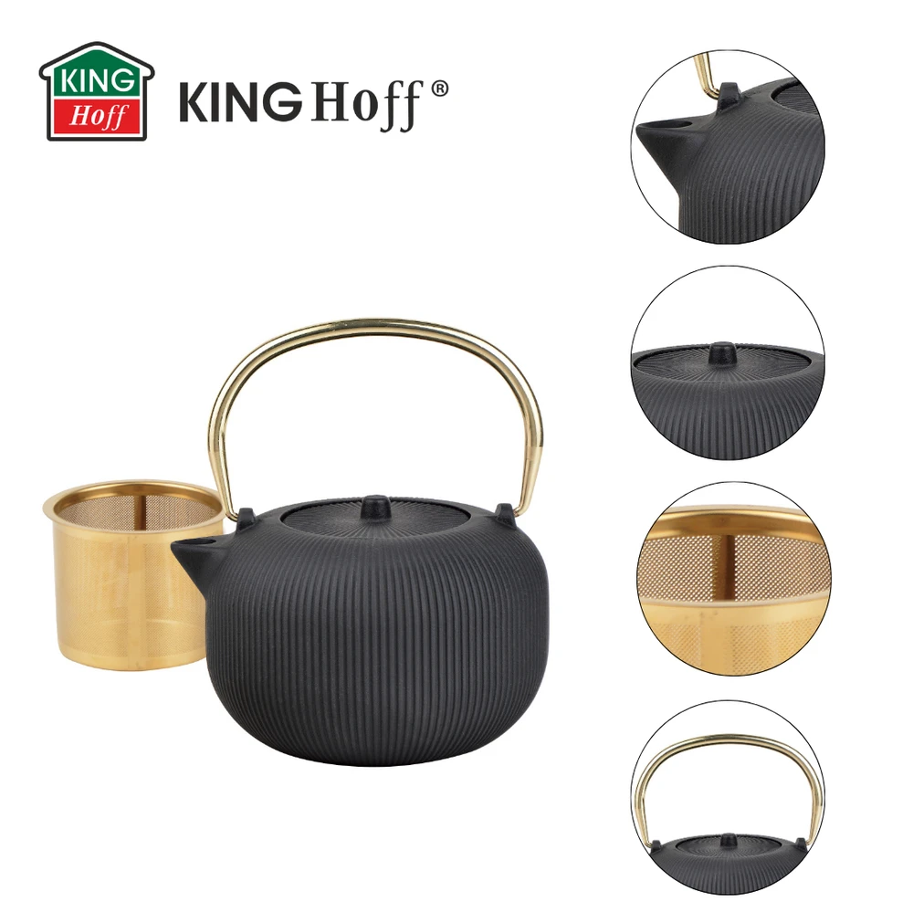 King Hoff Imbryk Ketaus arbatinukas su sieteliu, emaliuotas vidus, 1 l, juodas su auksine rankena, kinghoff, kh-1931