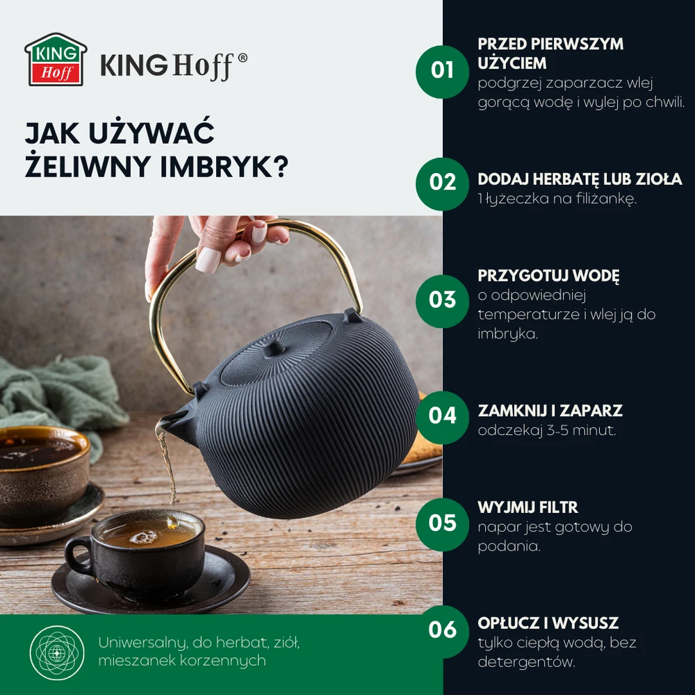 King Hoff Imbryk Ketaus arbatinukas su sieteliu, emaliuotas vidus, 1 l, juodas su auksine rankena, kinghoff, kh-1931