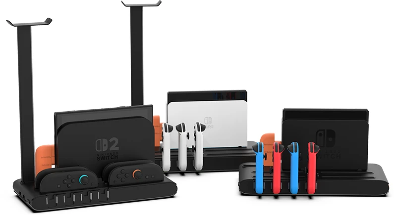 „iMP Tech“ – DLX2 LED daugiafunkcis įkrovimo stovas, skirtas „Switch 2“, „Switch“ ir OLED ekranams – juodas