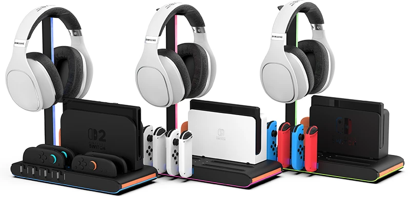 „iMP Tech“ – DLX2 LED daugiafunkcis įkrovimo stovas, skirtas „Switch 2“, „Switch“ ir OLED ekranams – juodas
