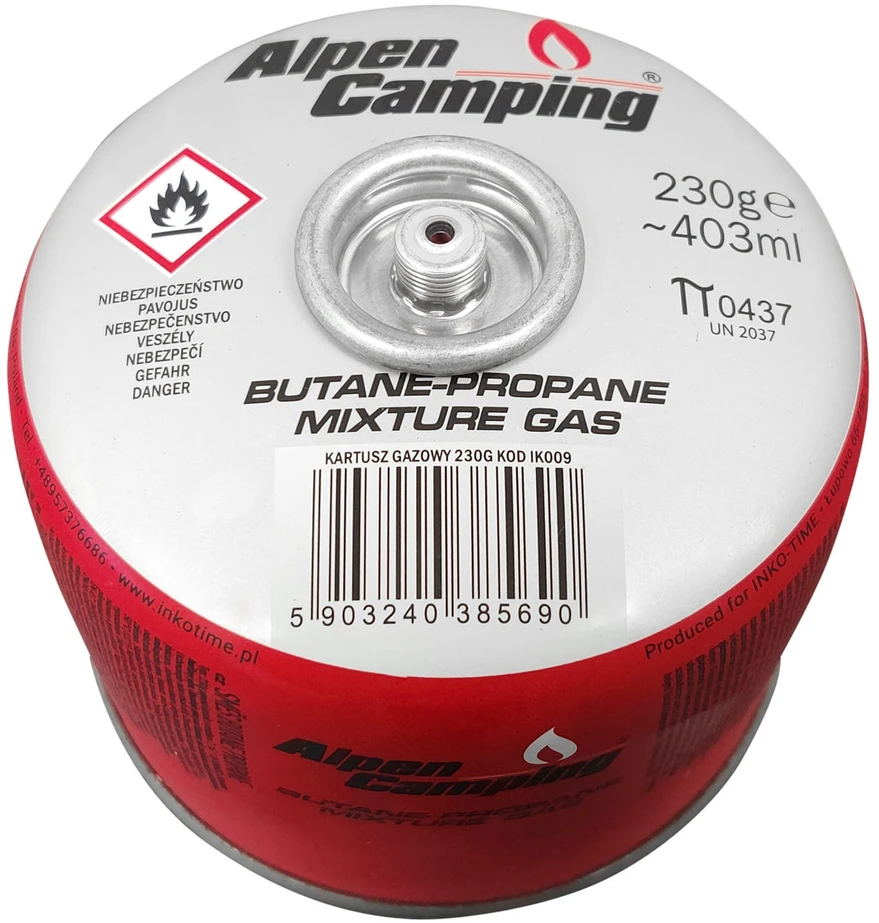 Inko Time Kartusz „Alpen Camping“ 230 g dujų balionėlis. Sertifikatas: Pi 0656, atitinka EN417 standartą, propanas-butanas, temperatūros diapazonas nuo -10 °C iki + 40 °C, srieginis vožtuvas 7/