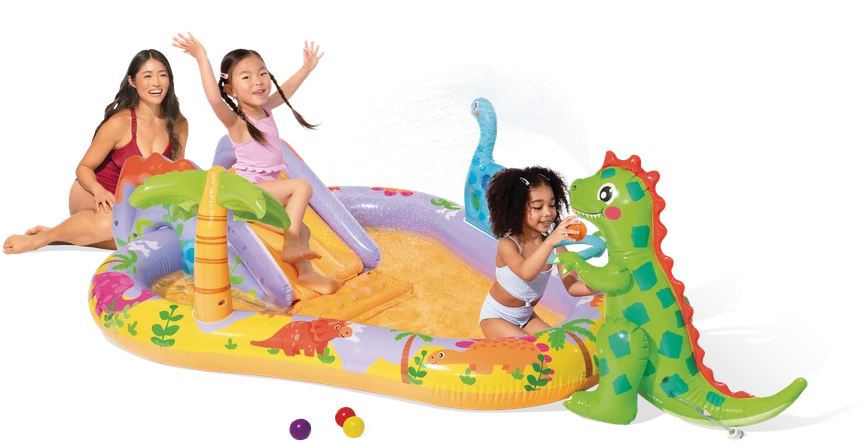 Pripučiamas vaikų baseinas su čiuožykla ir fontanu Dinozauras INTEX 56139 201x157x69 cm