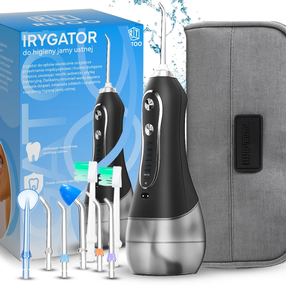 Retoo Irygator Belaidis dantų irigatorius, 5 režimai, 8 antgaliai, 300 ml + dėklas