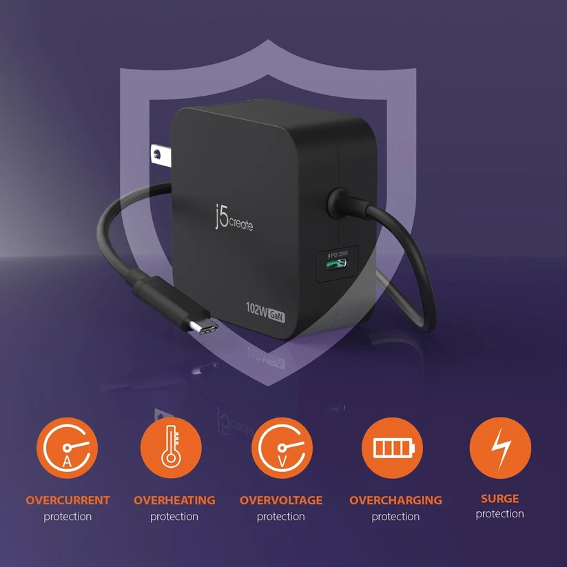 Nezatříděno J5create – 102 W GaN PD USB-C 2 prievadų įkroviklis, keičiami kintamosios srovės kištukai