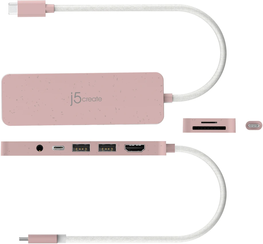 „J5create“ – ekologiškas USB-C kelių prievadų šakotuvas su maitinimo šaltiniu – rožinis