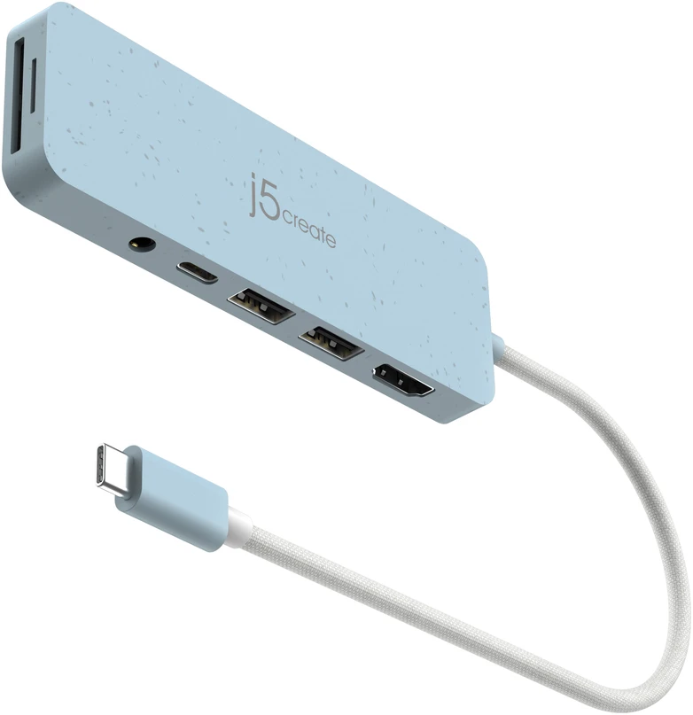 „J5create“ – ekologiškas USB-C kelių prievadų šakotuvas su maitinimo šaltiniu – žydras