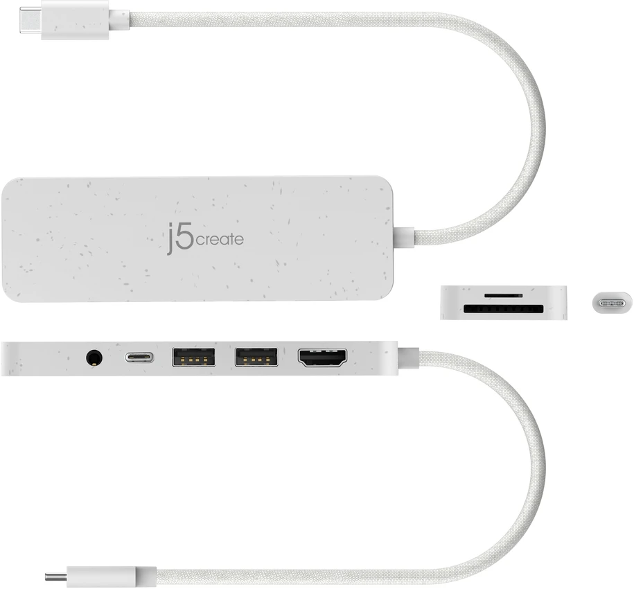 „J5create“ – ekologiškas USB-C kelių prievadų šakotuvas su maitinimo šaltiniu – baltas