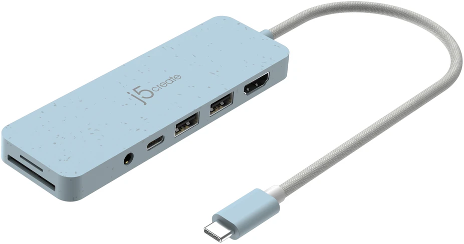 „J5create“ – ekologiškas USB-C kelių prievadų šakotuvas su maitinimo šaltiniu – žydras
