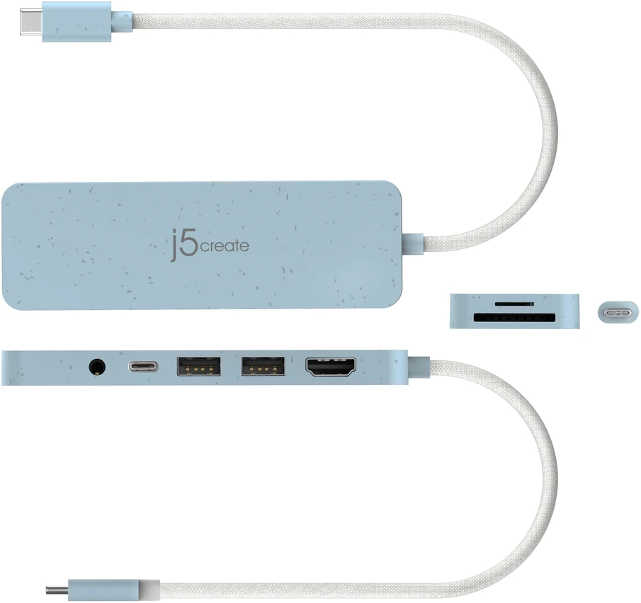 „J5create“ – ekologiškas USB-C kelių prievadų šakotuvas su maitinimo šaltiniu – žydras