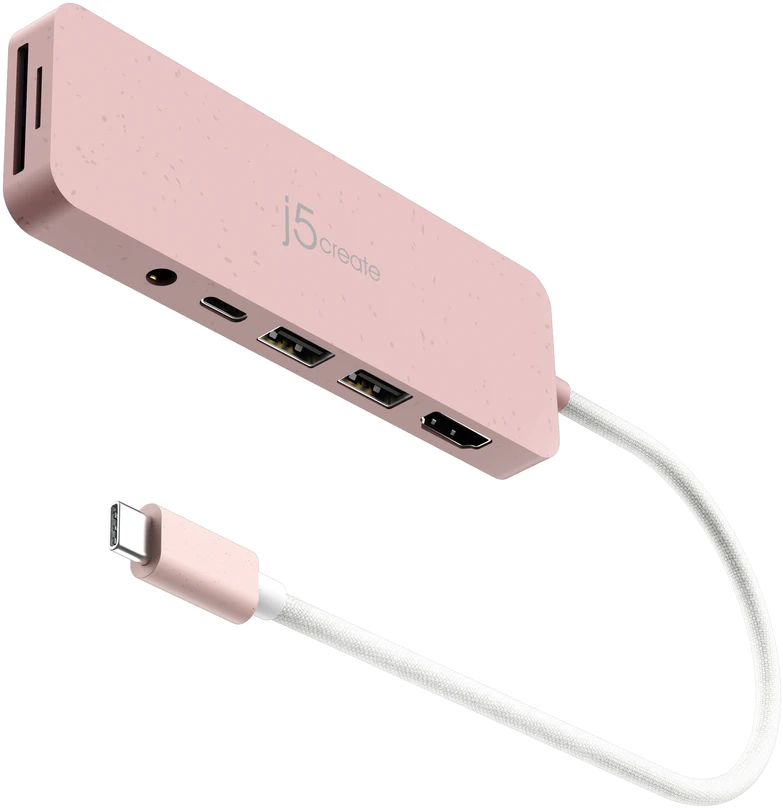 „J5create“ – ekologiškas USB-C kelių prievadų šakotuvas su maitinimo šaltiniu – rožinis