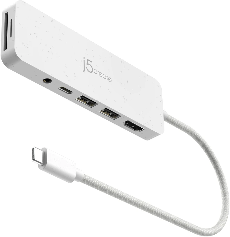 „J5create“ – ekologiškas USB-C kelių prievadų šakotuvas su maitinimo šaltiniu – baltas