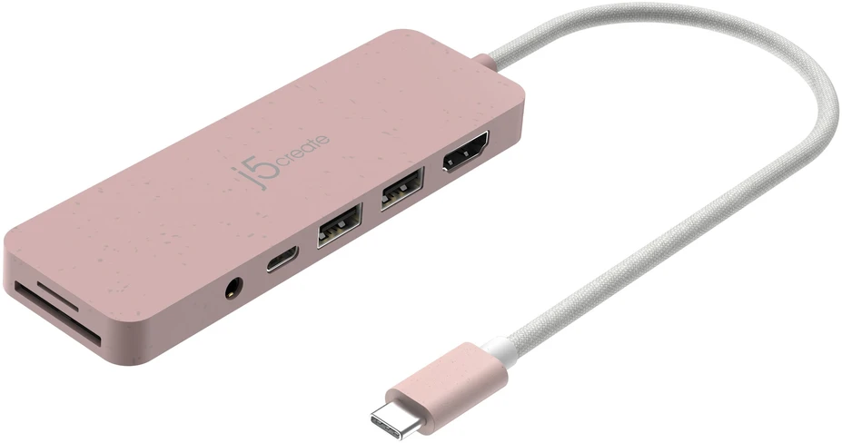 „J5create“ – ekologiškas USB-C kelių prievadų šakotuvas su maitinimo šaltiniu – rožinis