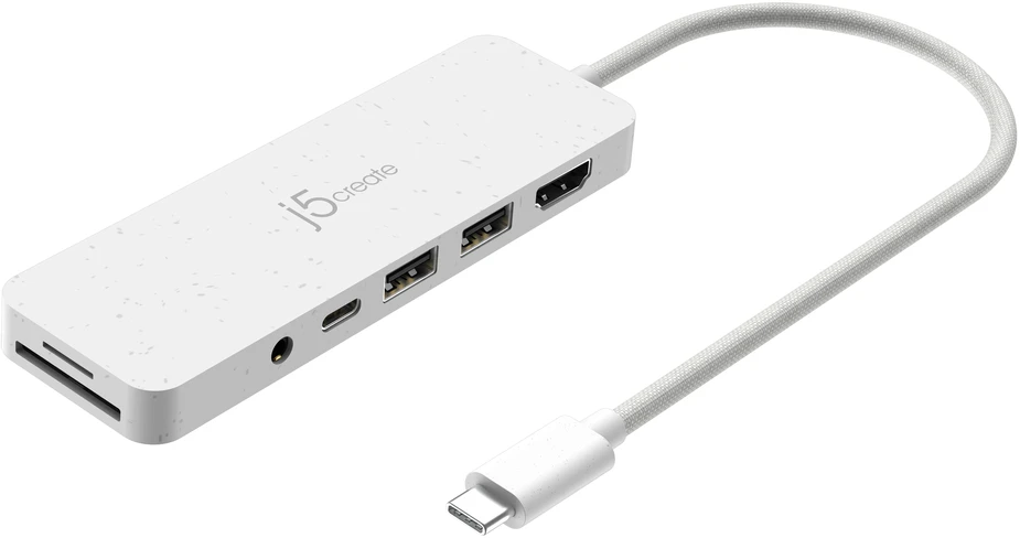 „J5create“ – ekologiškas USB-C kelių prievadų šakotuvas su maitinimo šaltiniu – baltas