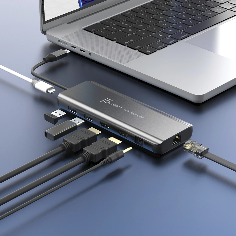 Šakotuvas j5create JCD398-N Docking Station Laidinis USB 3.2 Gen 2 (3.1 Gen 2) Type-C pilkas