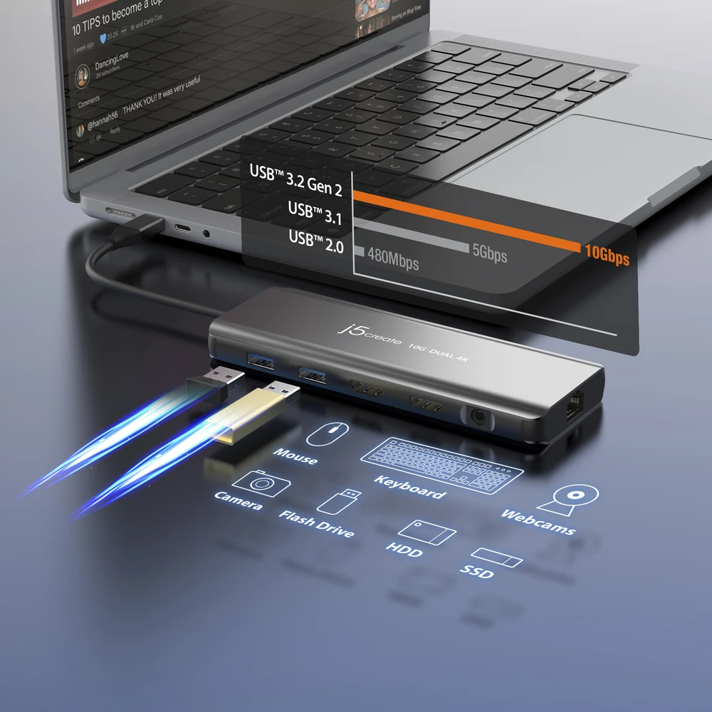 Šakotuvas j5create JCD398-N Docking Station Laidinis USB 3.2 Gen 2 (3.1 Gen 2) Type-C pilkas