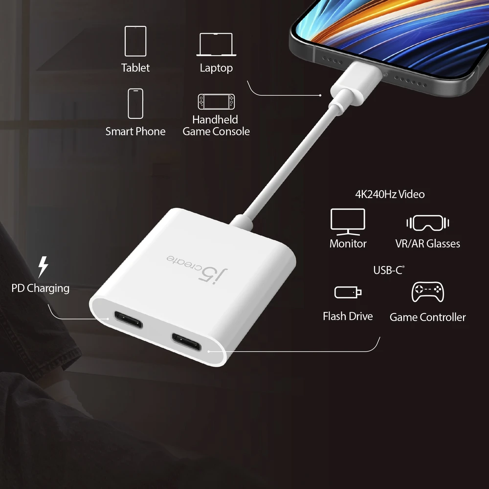 J5create – USB-C į dvigubą USB-C su vaizdo arba maitinimo šaltiniu
