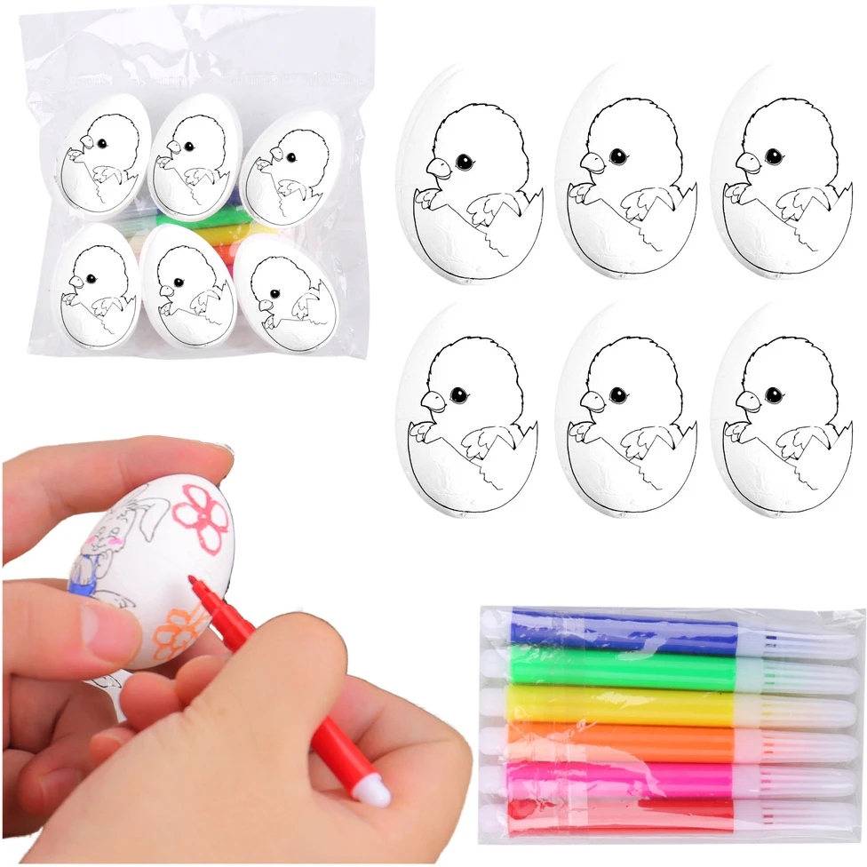 Lean Toys Jajka Velykiniai putplasčio kiaušiniai dažymui, žymekliai, višta kiaušinyje, 6 vnt.