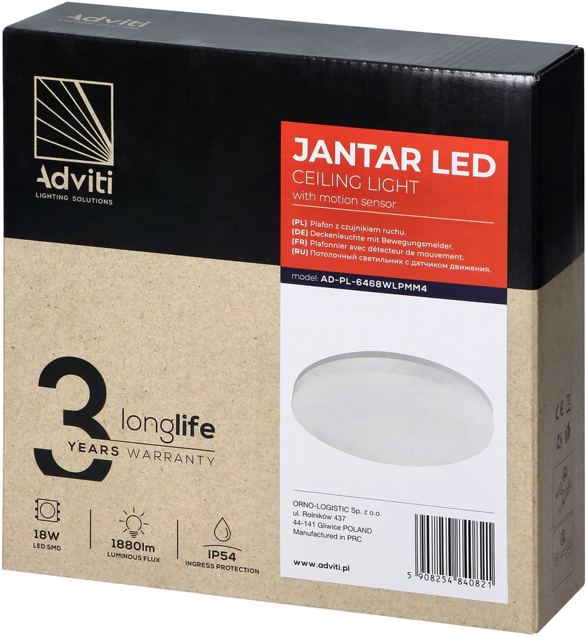 Orno JANTAR LED 18W, lubinis šviestuvas su mikrobangų judesio jutikliu, 1880lm, IP54, 4000K, PC gaubtas