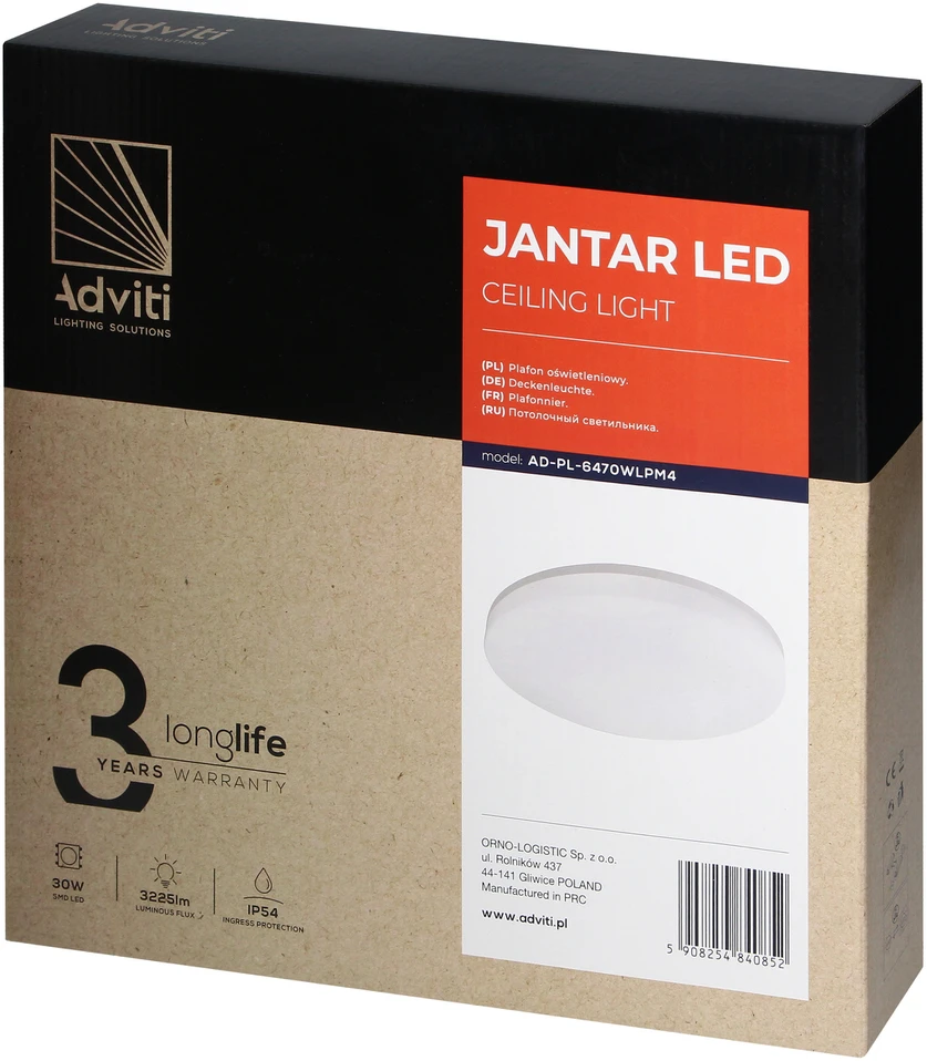 Orno JANTAR LED 30W, lubinis šviestuvas, 3225lm, IP54, 4000K, PC gaubtas