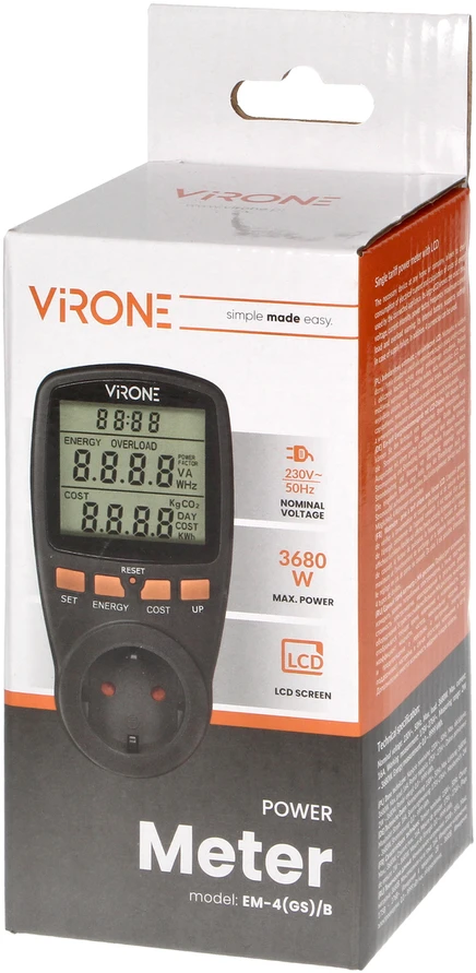 Orno Jednotaryfowy Vieno tarifo vatmetras, energijos skaičiuoklė su LCD ekranu, vieno tarifo, įmontuota baterija, „Schuko“ versija, juodas