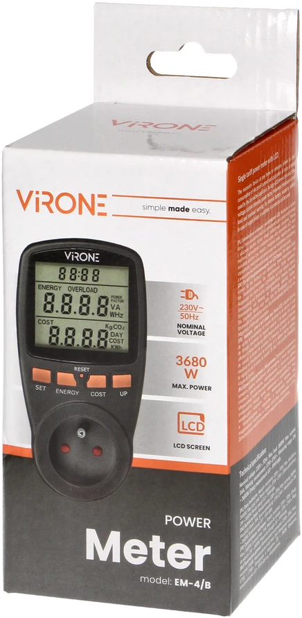 Orno Jednotaryfowy Vieno tarifo vatmetras, energijos skaičiuoklė su LCD ekranu, vieno tarifo, įmontuota baterija, juodas