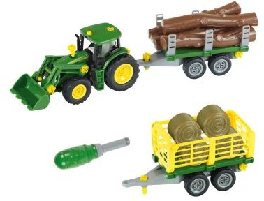 Klein John Deere traktorius su dviem priekabomis