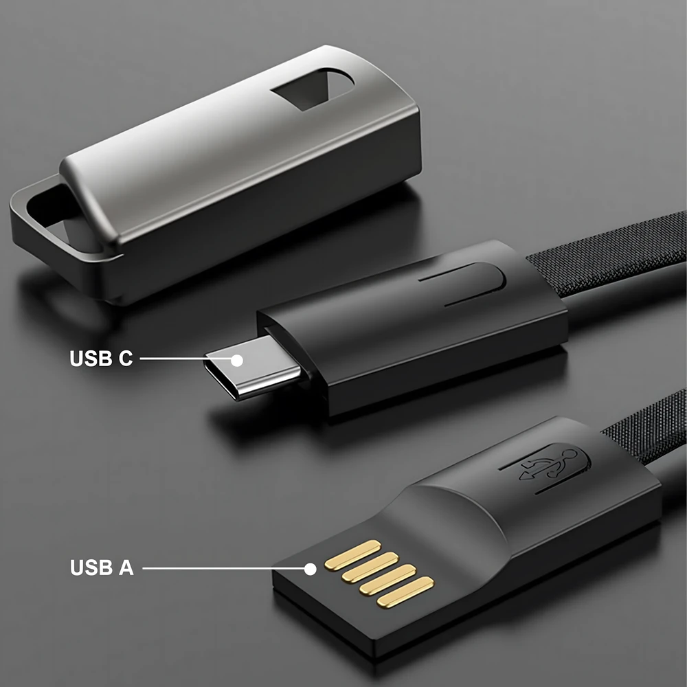 Kabelis Laidinis įkroviklis, raktų pakabukas, duomenų dirželis, USB-C - USB-A, greitas įkrovimas