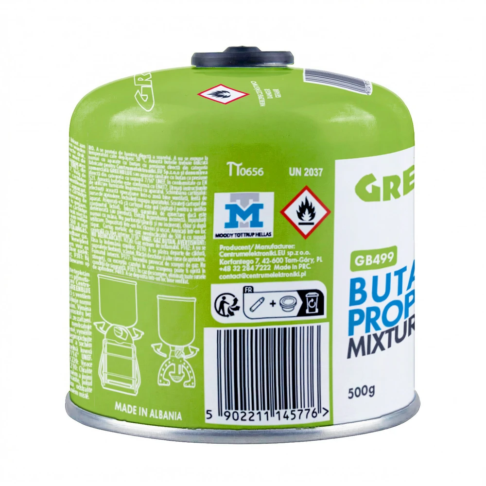Kartusz 500g „GreenBlue“ dujų balionėlis. Sertifikatas: Pi 0437, atitinka EN417 standartą, butanas-propanas, temperatūros diapazonas nuo -10 °C iki + 40 °C, srieginis vožtuvas 7/16".