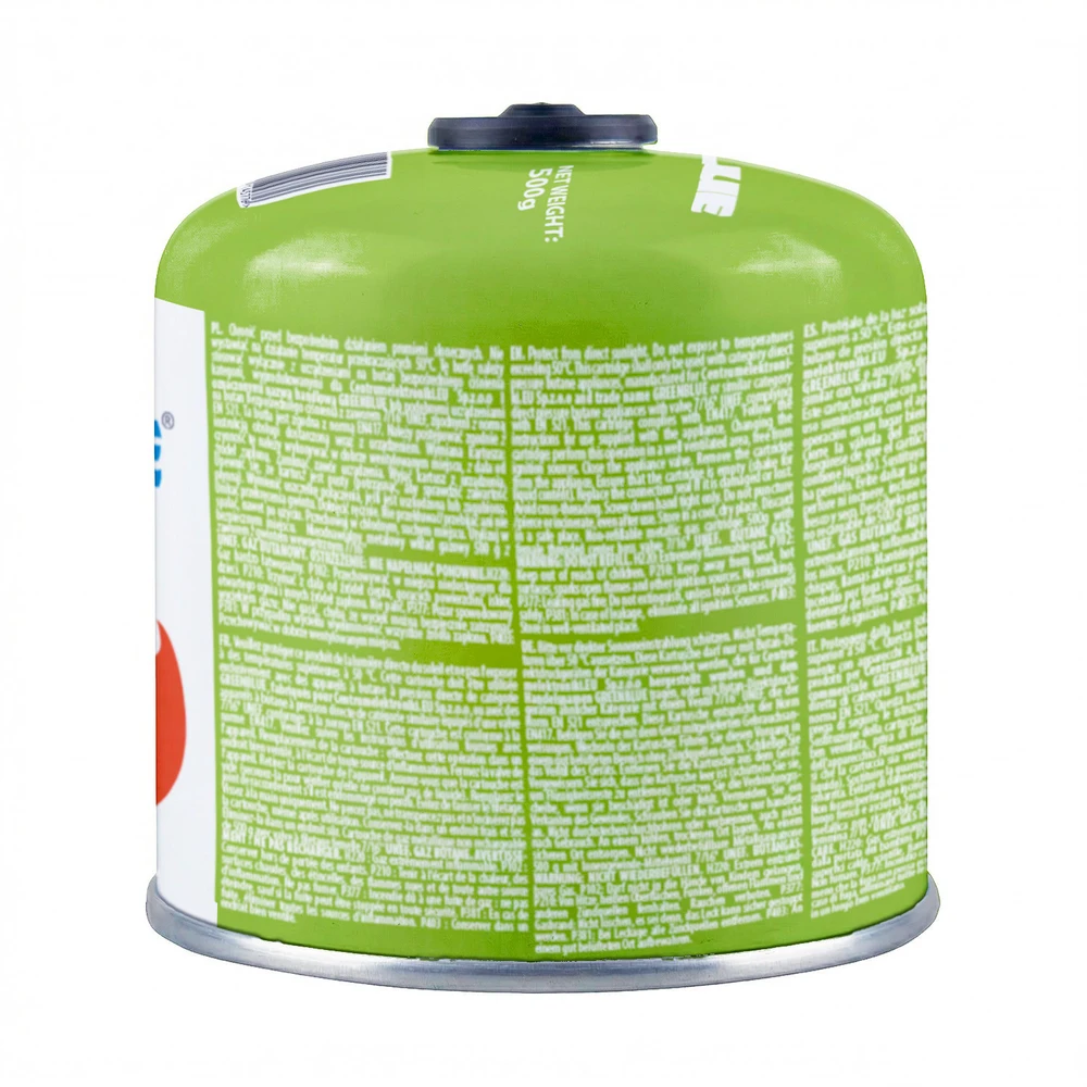 Kartusz 500g „GreenBlue“ dujų balionėlis. Sertifikatas: Pi 0437, atitinka EN417 standartą, butanas-propanas, temperatūros diapazonas nuo -10 °C iki + 40 °C, srieginis vožtuvas 7/16".