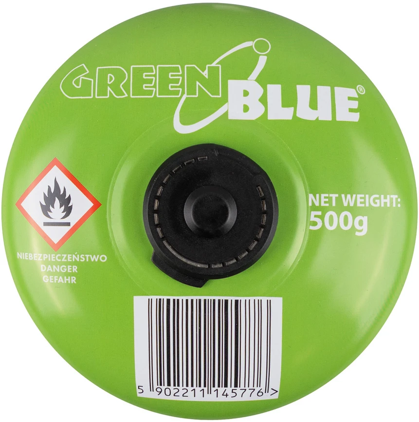 Kartusz 500g „GreenBlue“ dujų balionėlis. Sertifikatas: Pi 0437, atitinka EN417 standartą, butanas-propanas, temperatūros diapazonas nuo -10 °C iki + 40 °C, srieginis vožtuvas 7/16".