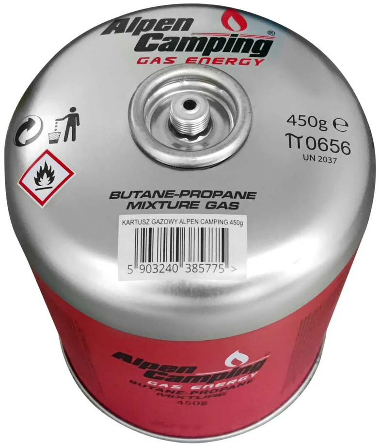 Inko Time Kartusz „Alpen Camping“ 450 g dujų balionėlis. Sertifikatas: Pi 0437, atitinka EN417 standartą, propanas-butanas, temperatūros diapazonas nuo -10 °C iki + 40 °C, srieginis vožtuvas 7/