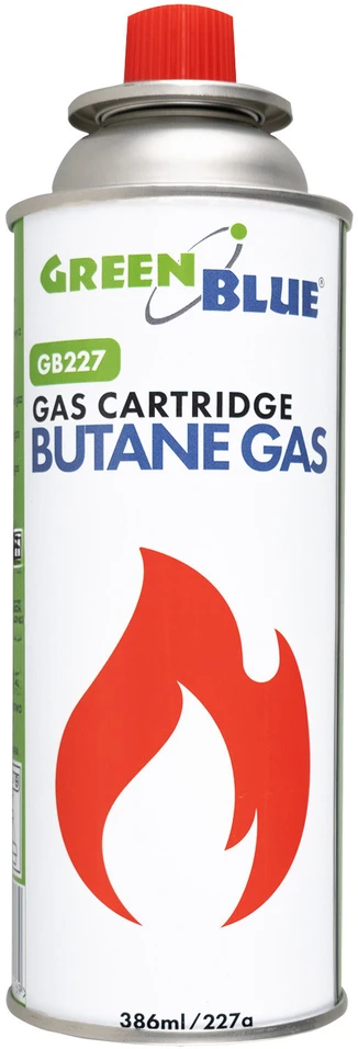 Kartusz „GreenBlue“ 227 g dujų balionėlis. Sertifikatas: Pi 0875, atitinka EN417, butanas, veikimo diapazonas nuo -10 °C iki + 40 °C, GB227