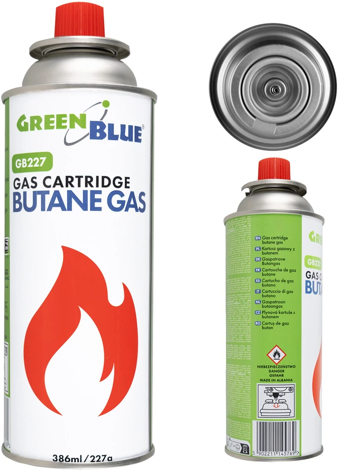 Kartusz „GreenBlue“ 227 g dujų balionėlis. Sertifikatas: Pi 0875, atitinka EN417, butanas, veikimo diapazonas nuo -10 °C iki + 40 °C, GB227
