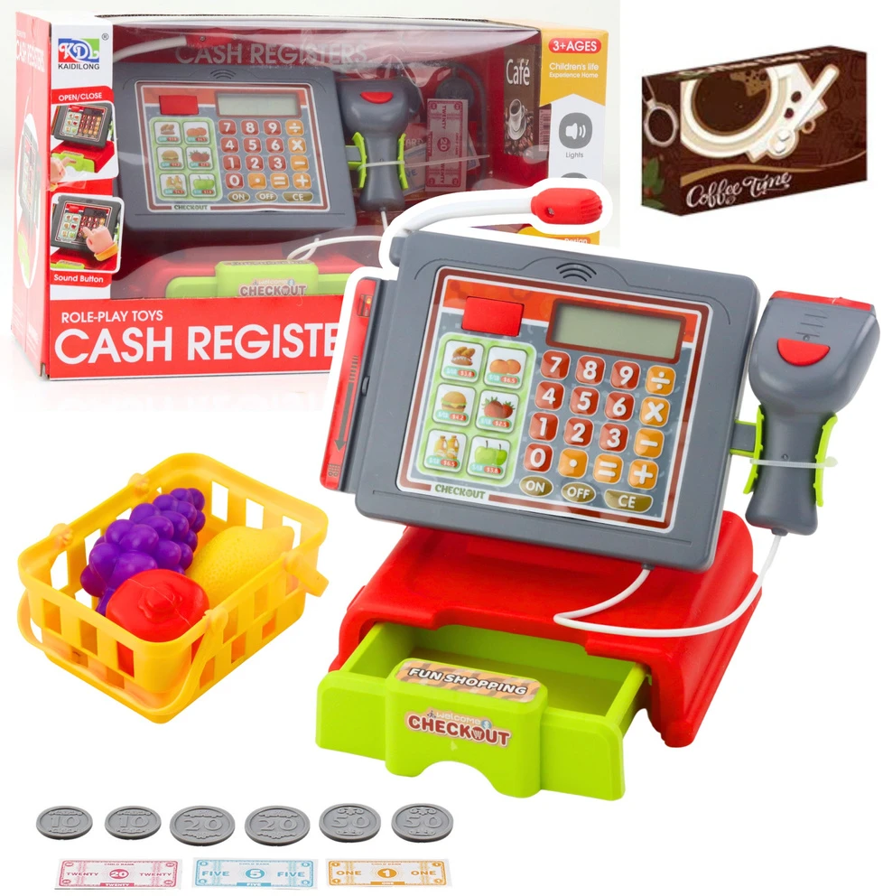 Lean Toys Vaikiškas kasos aparatas su priedais ir pirkinių krepšiu