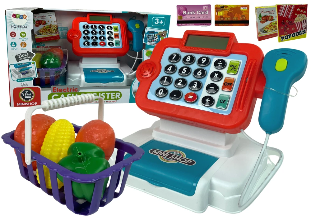 Lean Toys Vaikiška žaislinė kasa su skaičiuotuvu ir priedais