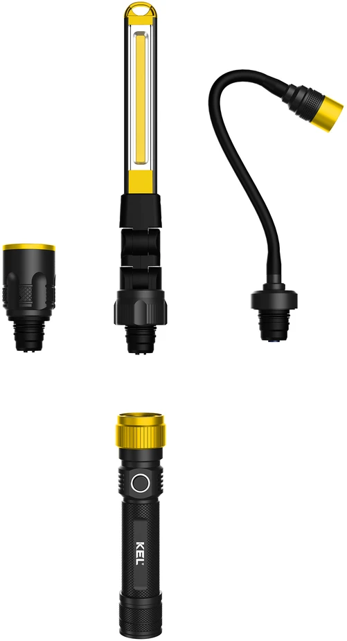 Kel Light Žibintuvėlis su keičiamais antgaliais – rankinis, lankstus ir sulankstomas dirbtuvinis, 190–350 lm, 2200 mAh, USB-C, IPX4, IK07