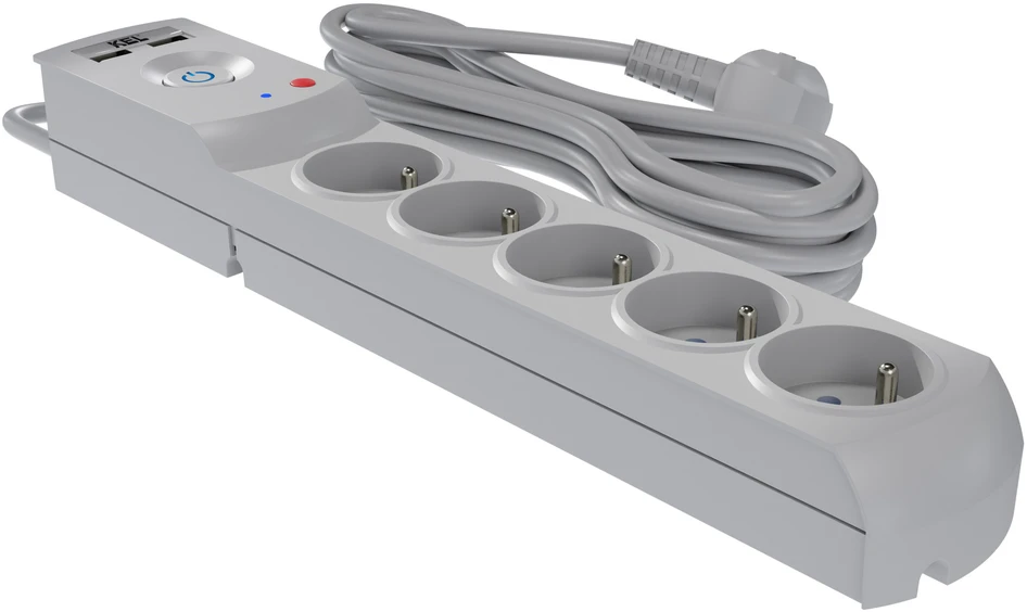 KEL Profesionalus elektros ilgintuvas su saugikliu ir apsauga nuo viršįtampių, 5 lizdai, 2 USB prievadai, ilgis 5 m, 10 A, 230 V, 2300 W, pilka.