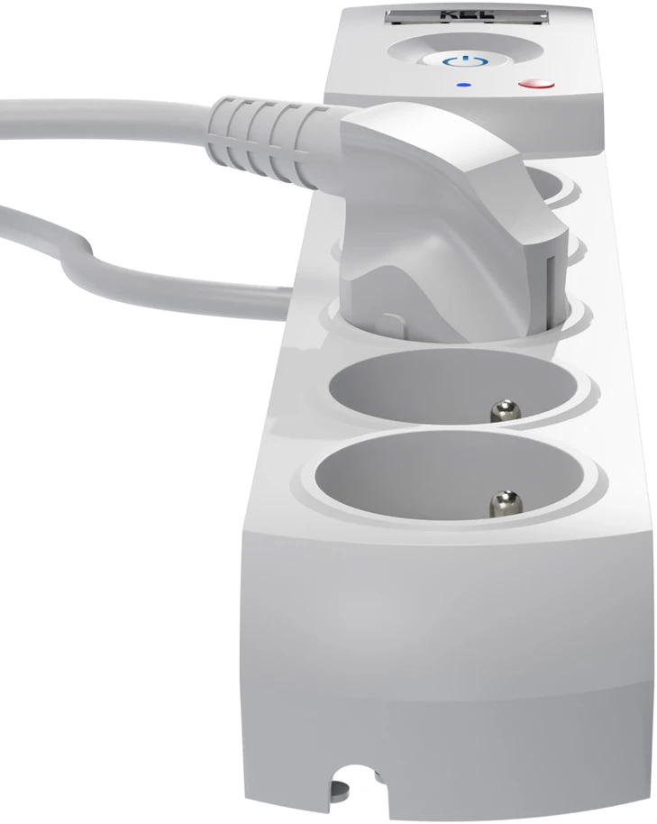 KEL Profesionalus maitinimo ilgintuvas su saugikliu ir apsauga nuo viršįtampių, 5 lizdai, 2 USB prievadai, ilgis 3 m, 10 A, 230 V, 2300 W, pilka