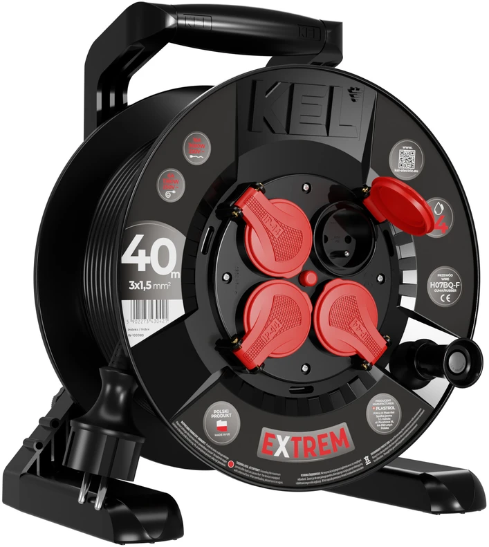 KEL Būgninis ilgintuvas extrem line, 4x2p+su, ip44, 16a, h07bq-f, 3×1,5, 40m, juoda