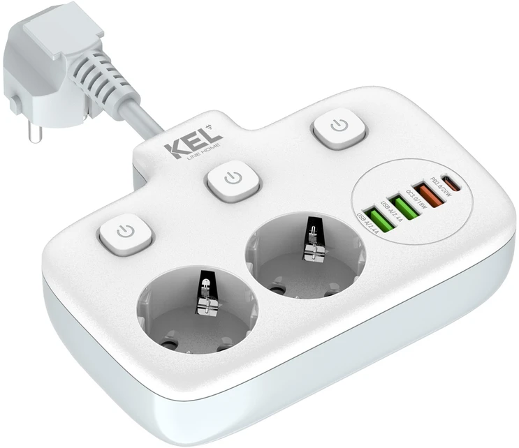 KEL Rozgałęźnik podwójny su indywidualnym włącznikiem do każdego gniazda; 2x gniazda wtyczkowe su uziemieniem schuko, 3xgniazdo usb a, 1xgniazdo usb c