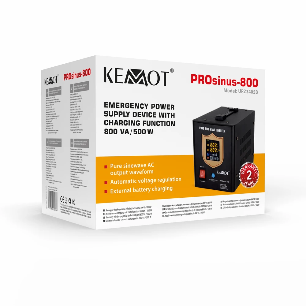 KEMOT PROsinus-800 nepertraukiamo maitinimo šaltinis su gryna sinusine banga ir įkrovimo funkcija 12V 230V 800VA/500W - juoda