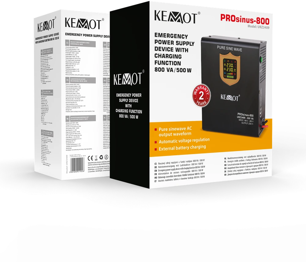 KEMOT PROsinus-800 Sieninis nepertraukiamo maitinimo šaltinis, su įkrovimo funkcija 12V 230V 800VA/500W
