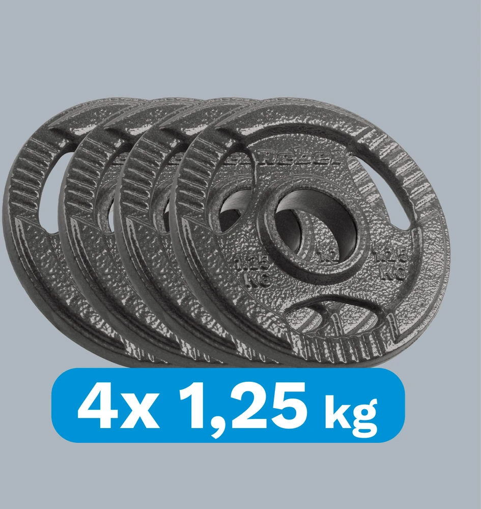 Ketaus olimpinių svarmenų rinkinys 4 x 1.25 kg, 51 mm skylė, plokštelė su rankenomis, REBEL ACTIVE