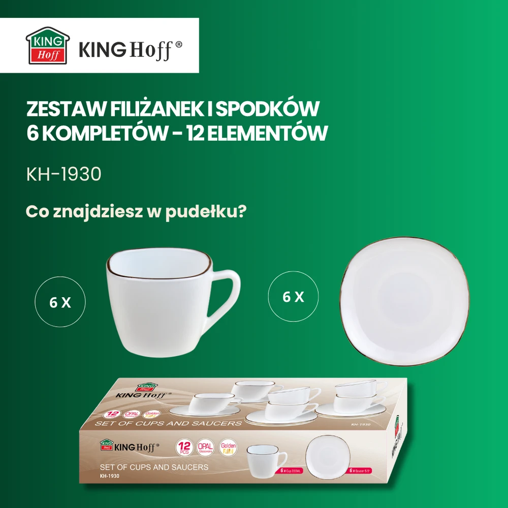 King Hoff Rinkinys Puodelių rinkinys, 12 dalių, kvadratinis, opalas, baltas su auksu, kinghoff, kh-1930