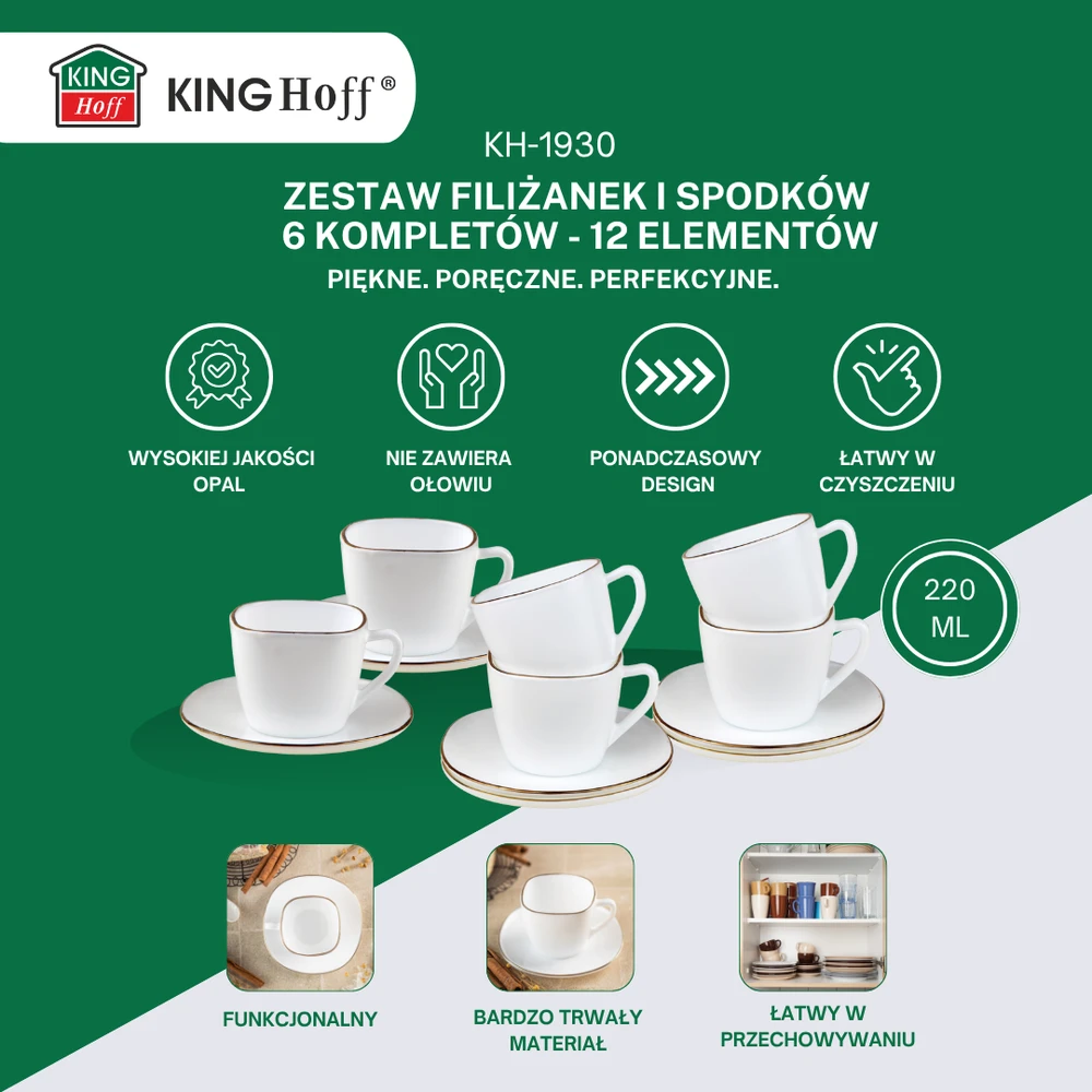 King Hoff Rinkinys Puodelių rinkinys, 12 dalių, kvadratinis, opalas, baltas su auksu, kinghoff, kh-1930