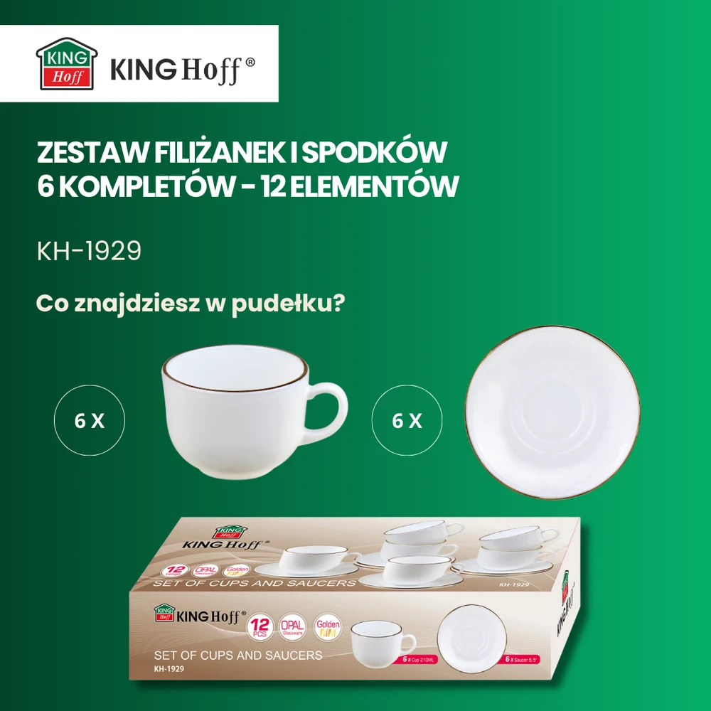 King Hoff Rinkinys Puodelių rinkinys, 12 dalių, apvalus, opalas, baltas su auksu, kinghoff, kh-1929