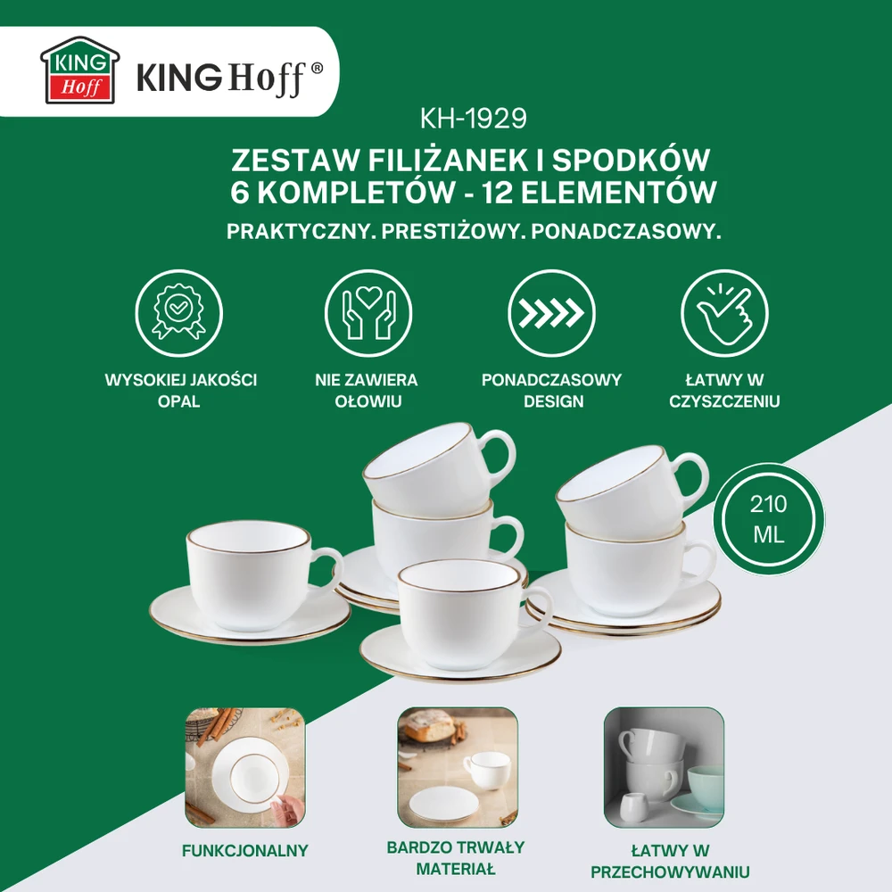 King Hoff Rinkinys Puodelių rinkinys, 12 dalių, apvalus, opalas, baltas su auksu, kinghoff, kh-1929