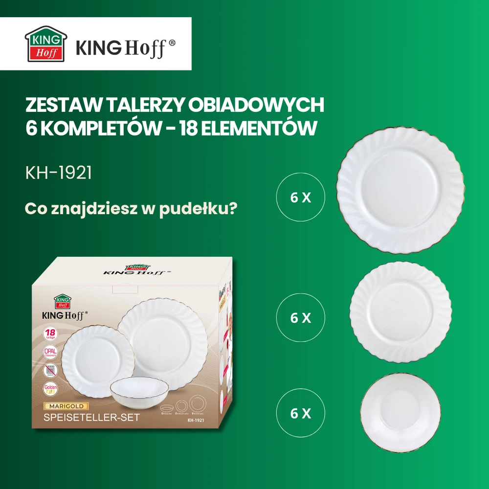 King Hoff Talerze Medetkų lėkštės, 18 vnt., opalas, baltas su auksu, kinghoff, kh-1921